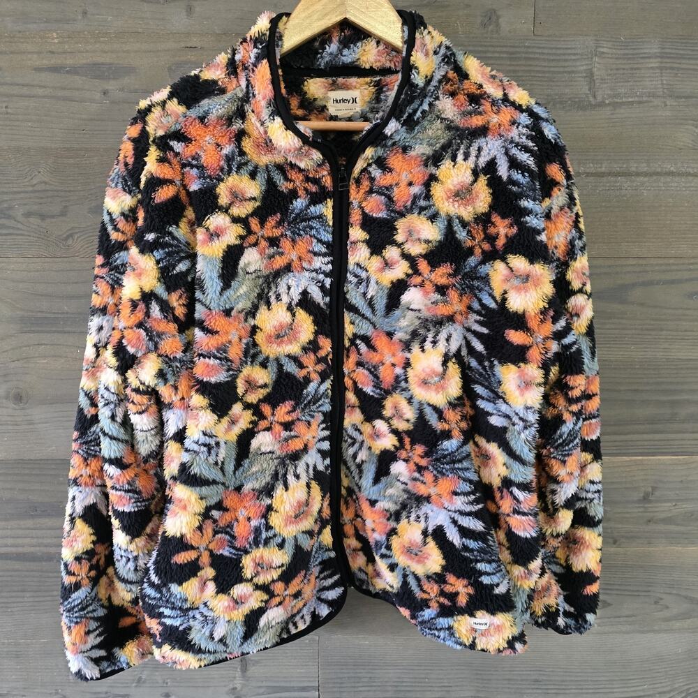 Hurley Women's Floral Sherpa Fleece Jacket Multicolor Full Zip Cozy Size L